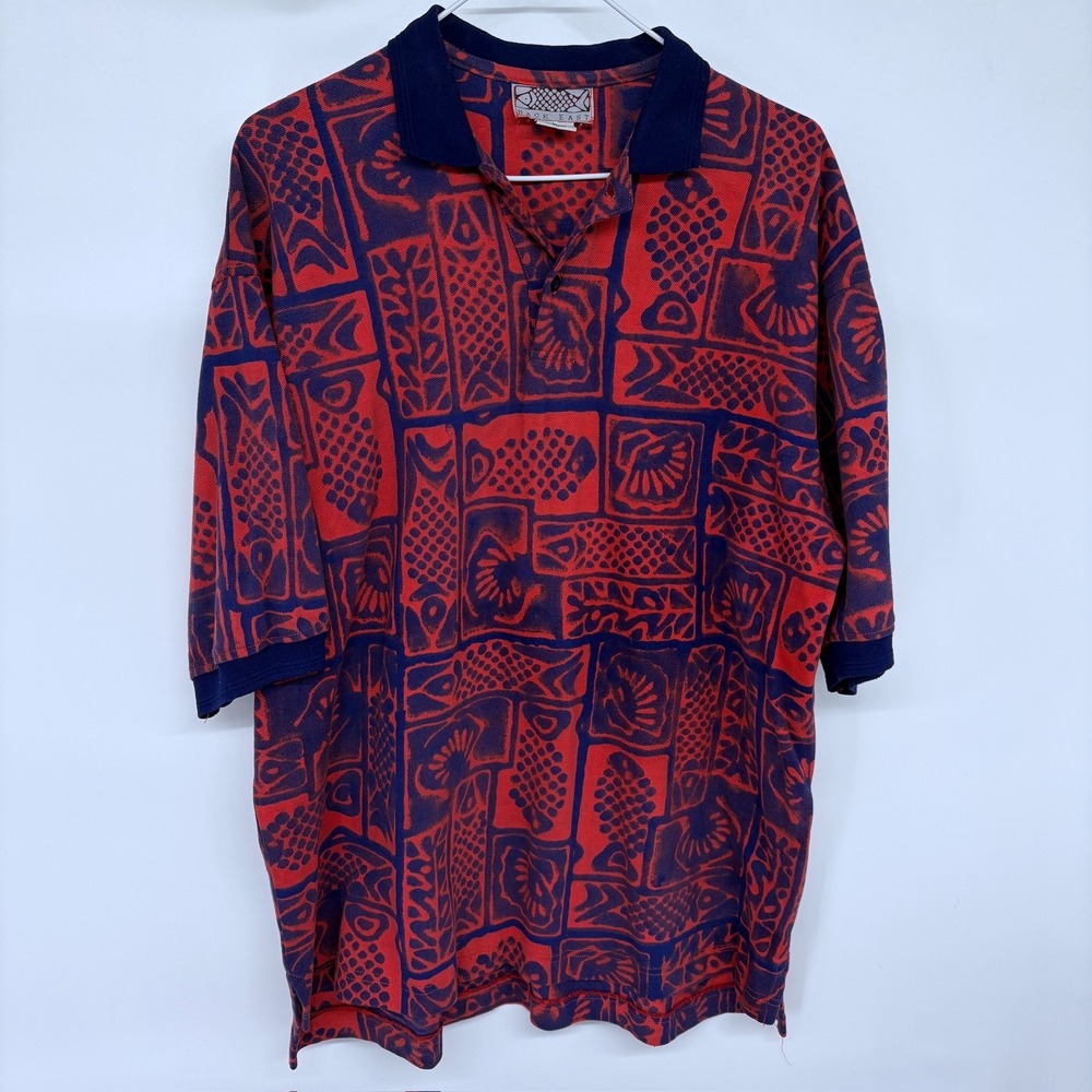 Vintage Back East Fishbones Aztec Pattern Polo Shirt Large Orange Blue 90s - Picture 2 of 6